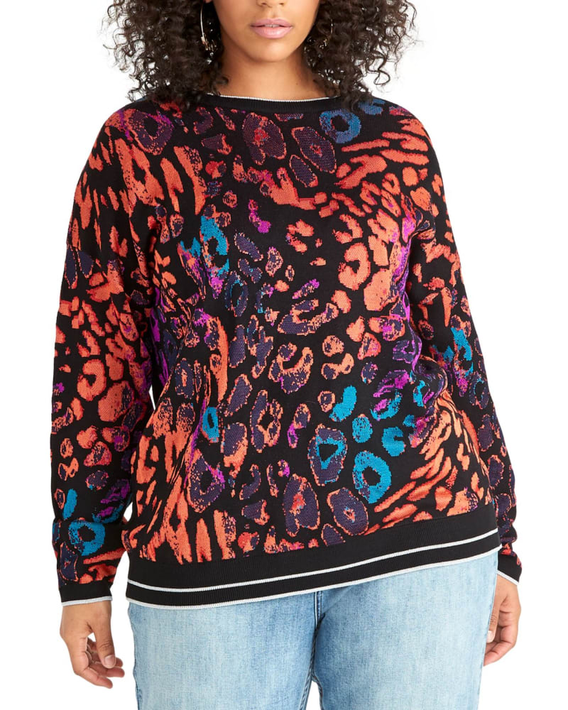 Front of a model wearing a size 3X Rachel Royt Women's Trendy Plus Rikki Leopard Print Sweater Black Size 3X in Black by Rachel Roy. | dia_product_style_image_id:314473